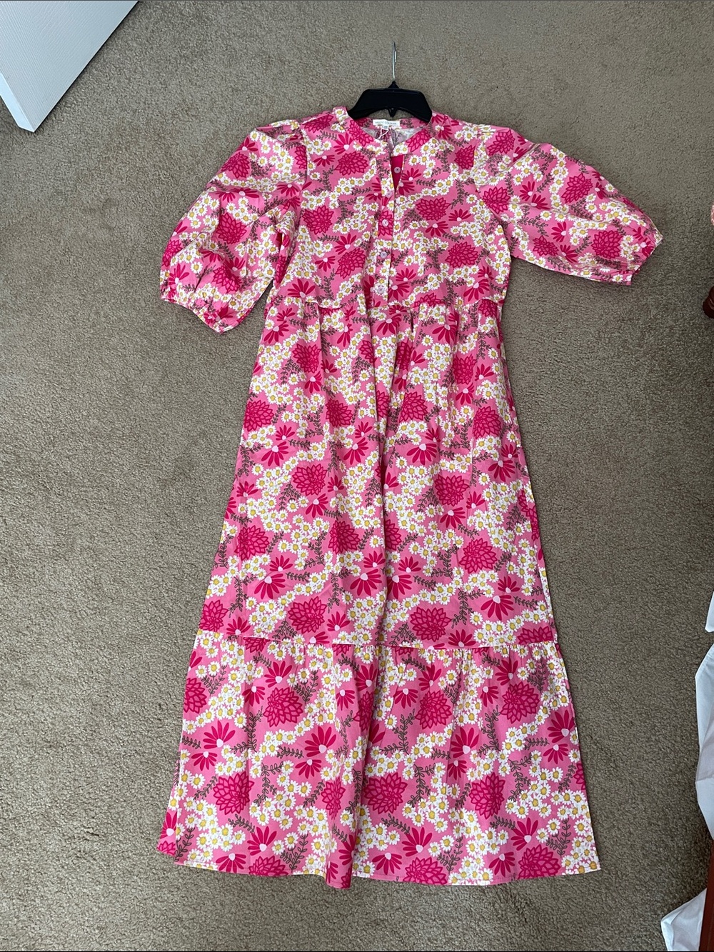 Pink Floral Tiered Midi Dress